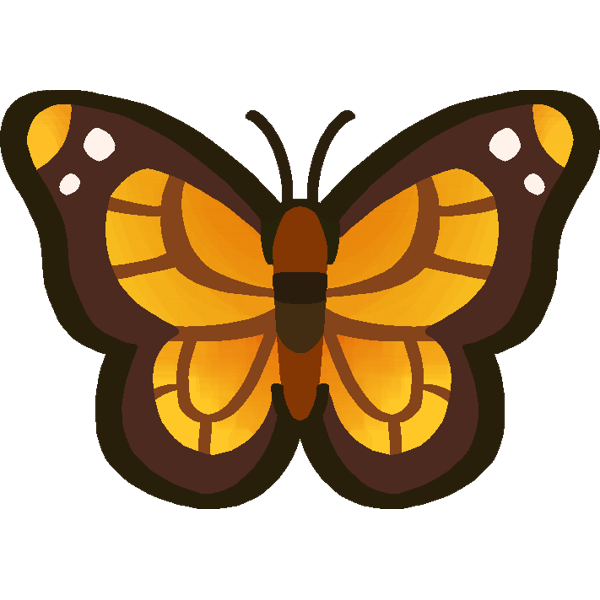 An emote of a simple butterfly that has a dark brown outline around the icon. The body of the butterfly is brown with a darker brown spot and slightly lighter spot below it. The wings have thick, brown lining markings around the tips of the wings. On the tips of the upper set of wings, have an orange and yellow dot with two white dots around that dot with lught brown lines going over the base colors. The base color is yellow with orange tints.